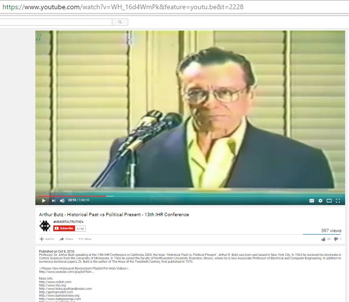 Arthur Butz, Youtube - 8 Oct 2016