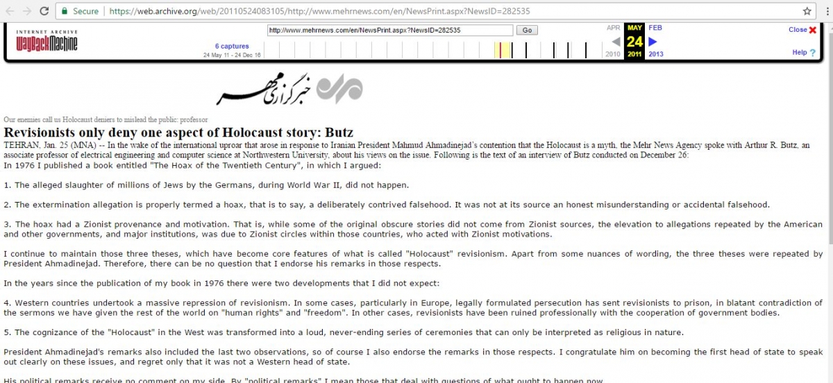 Arthur Butz, mehrnews.com - 25 Jan 2006