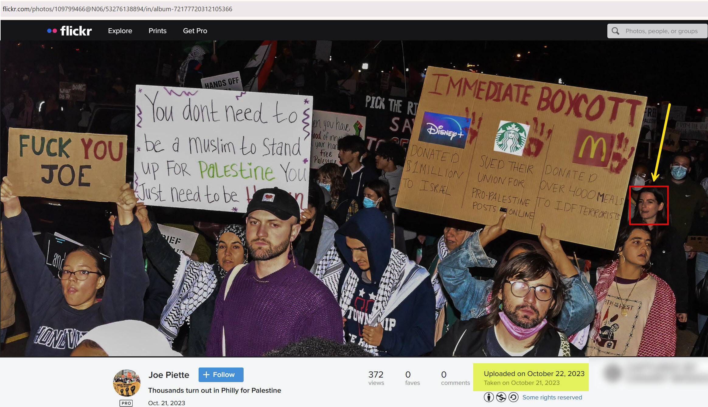 Bethany Kosmicki’s protest appearance, All Out for Gaza NO US Aid for Genocide