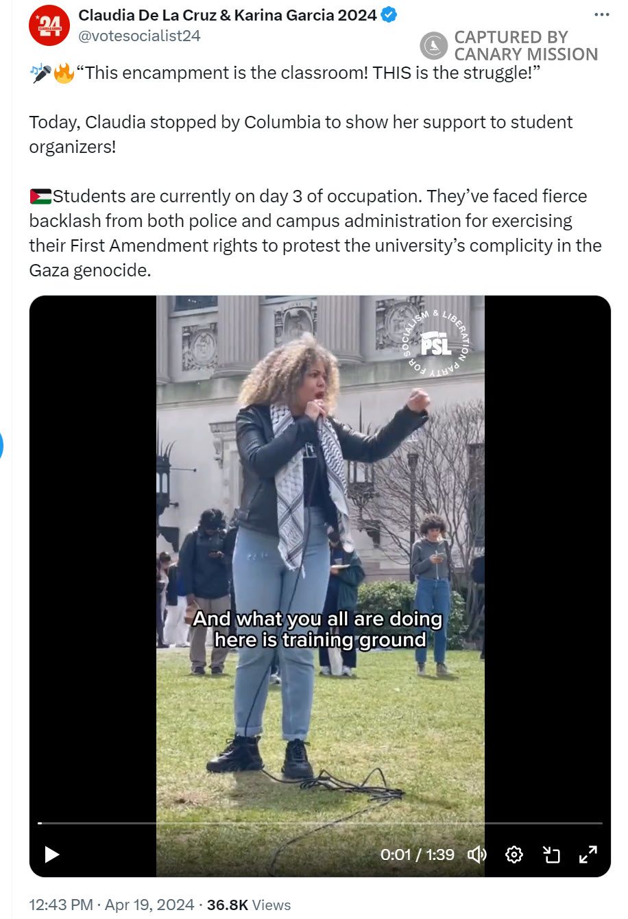 Claudia De la Cruz’s Promoting Incitement at the Pro-Hamas Encampment at Columbia University