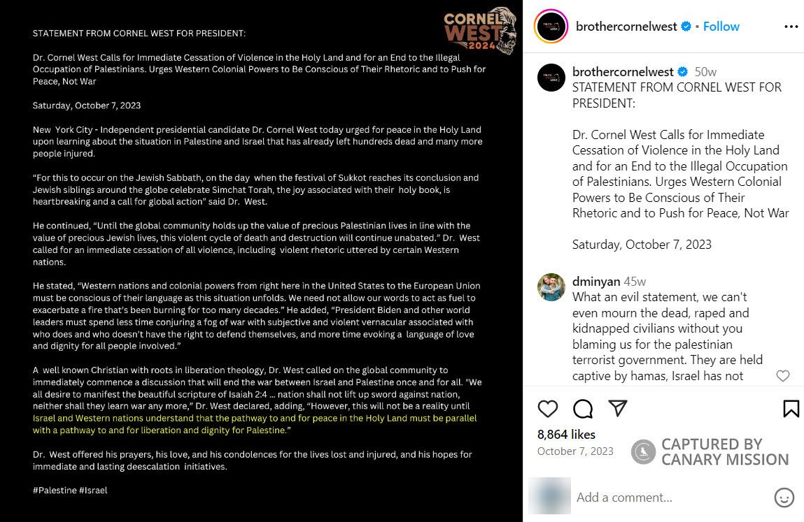 Cornel West, Instagram - Oct 7, 2023