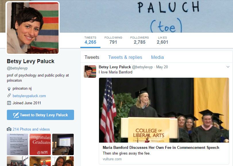 Elizabeth Paluck, Twitter - 22 May 2017