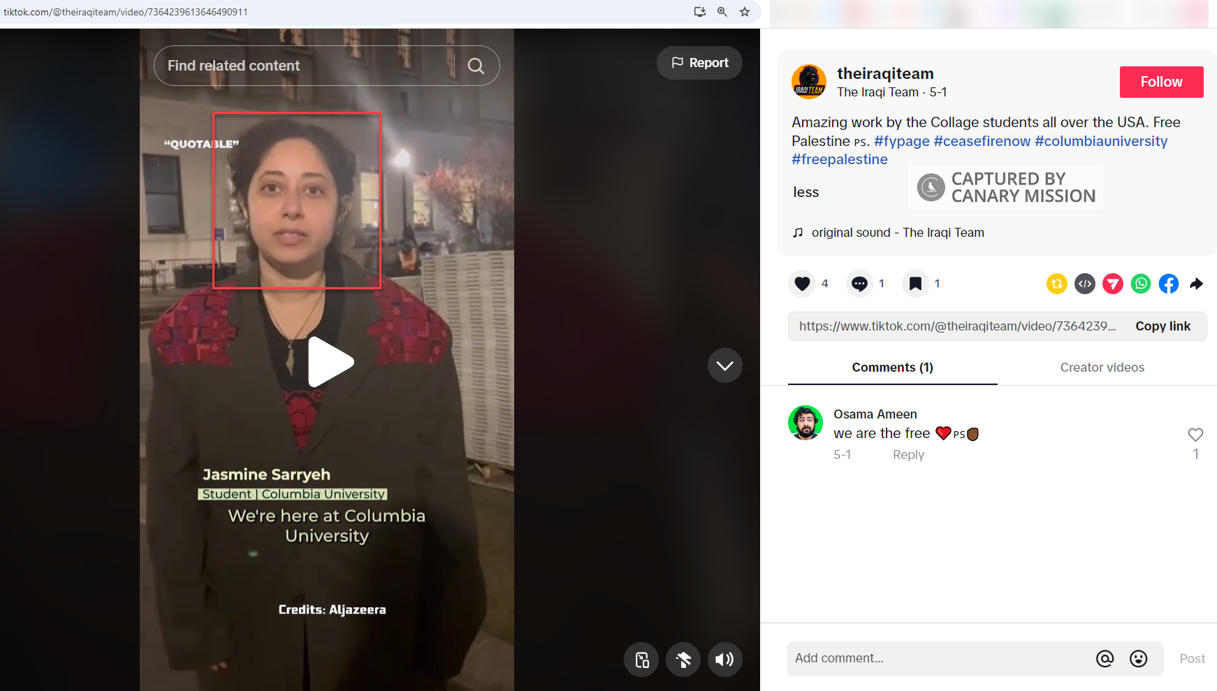 Jasmine Sarryeh-Jemeršić’s Participation in the Pro-Hamas Encampment at Columbia University