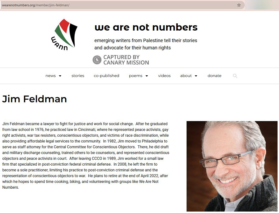 Jim Feldman - Anti-Israel Activist, We Are Not Numbers