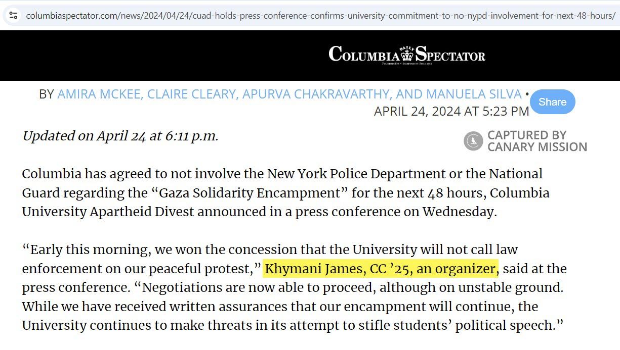Khymani James, columbiaspectator.com - Apr 24, 2024