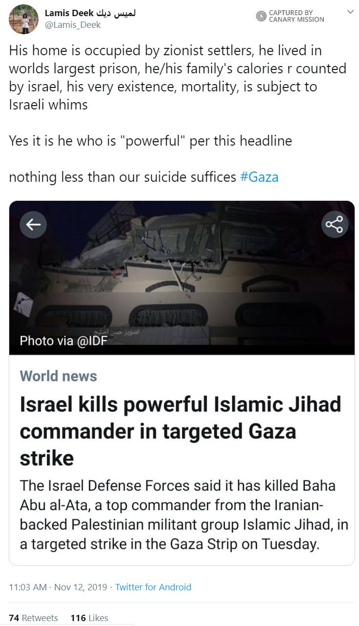 Lamis Deek, Twitter - Nov 12, 2019