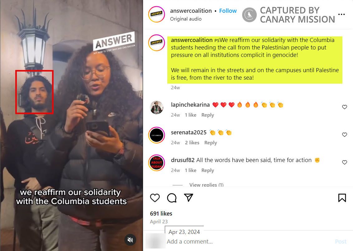 Malik Hassan, Columbia University, participated in the pro-Hamas encampment at Columbia in April 2024