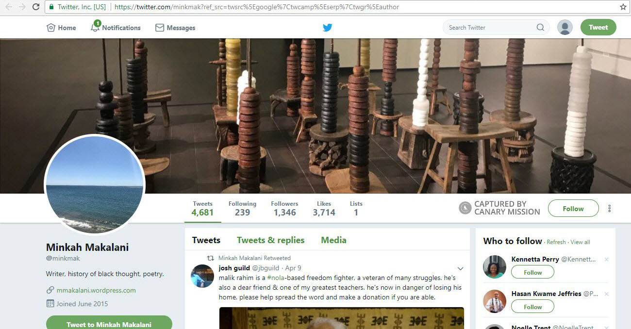 Minkah Makalani, Twitter - Apr 13, 2018