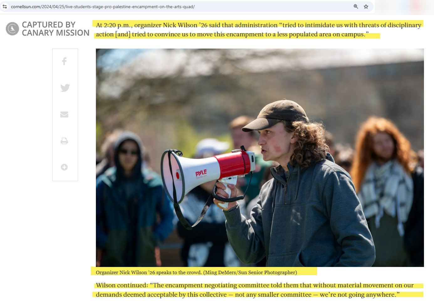 Nick Wilson, Cornell University, participating in a pro-Hamas encampment