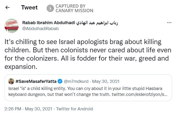 Rabab Abdulhadi, Twitter - May 30, 2021