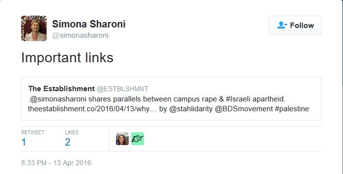 Simona Sharoni, Twitter - 13 Apr 2016